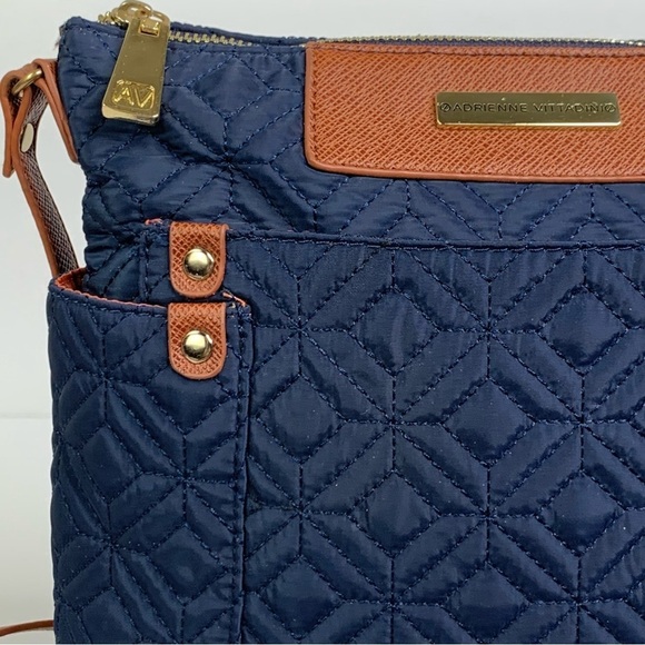 Navy Quilted Fabric Crossbody with Cognac Adjustable Strap Gold Accents Top Zip - Picture 10 of 16